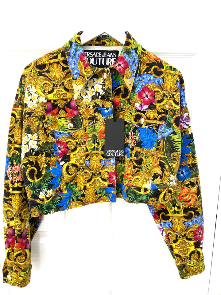 VERSACE JEANS COUTURE SHORT FLORAL DENIM JACKET