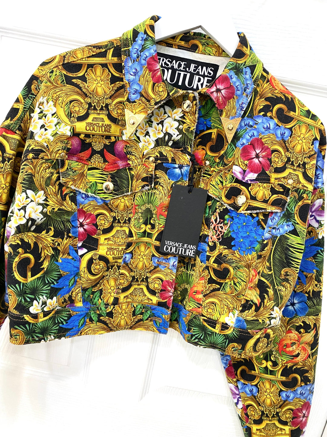 VERSACE JEANS COUTURE SHORT FLORAL DENIM JACKET