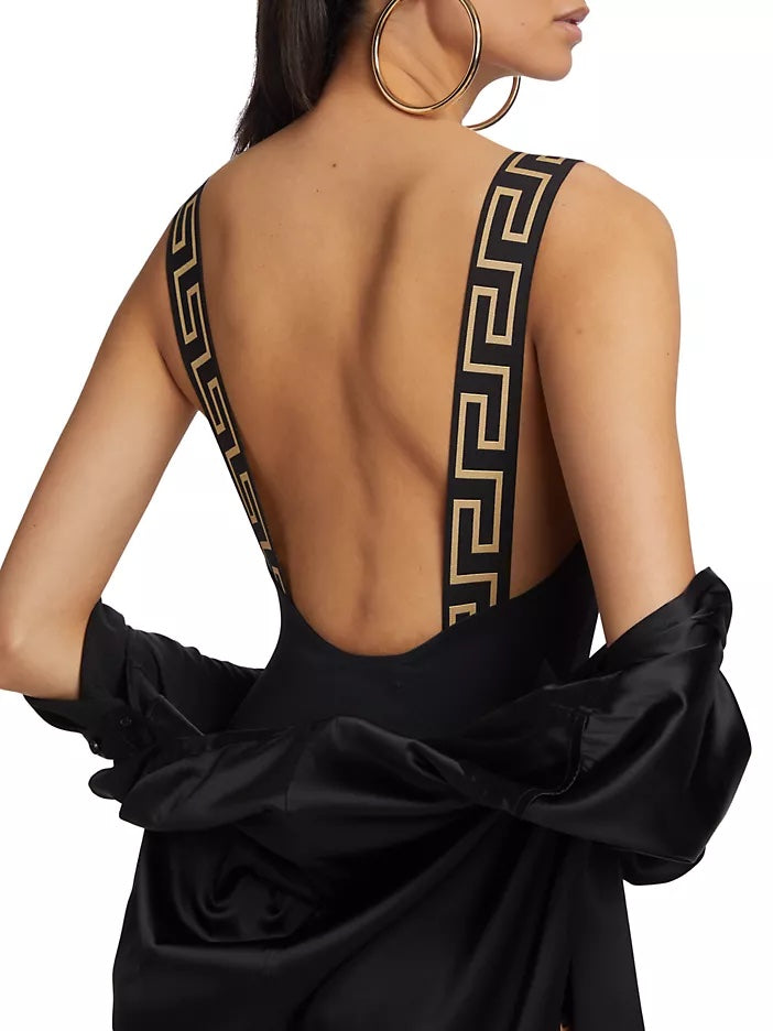 VERSACE LA GRECA BORDER SQUARE NECK SWIMSUIT