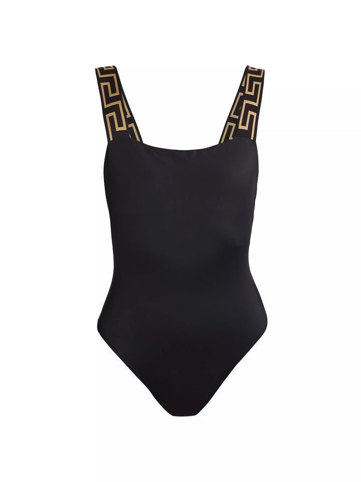VERSACE LA GRECA BORDER SQUARE NECK SWIMSUIT