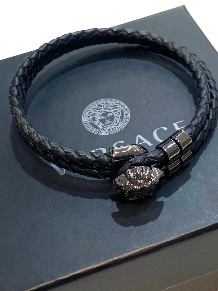 VERSACE LA MEDUSA BRAIDED LEATHER BRACELET