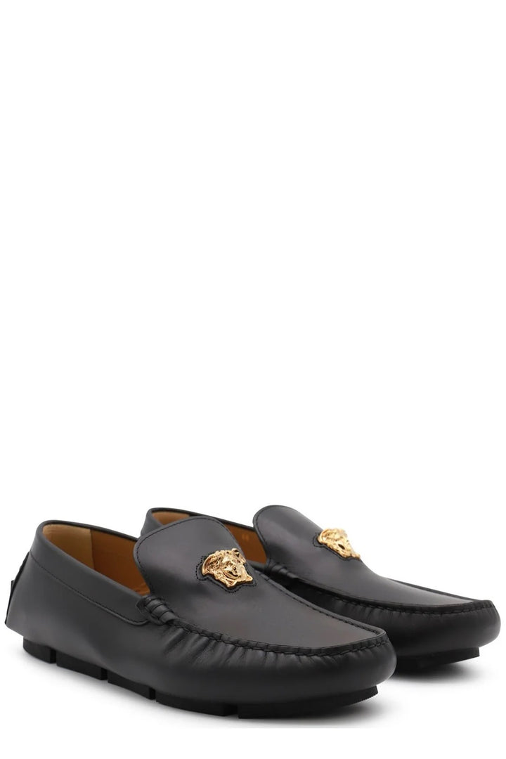 VERSACE LA MEDUSA LOGO CALFSKIN LEATHER DRIVERS LOAFERS