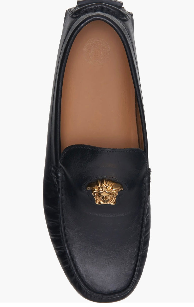 VERSACE LA MEDUSA LOGO CALFSKIN LEATHER DRIVERS LOAFERS