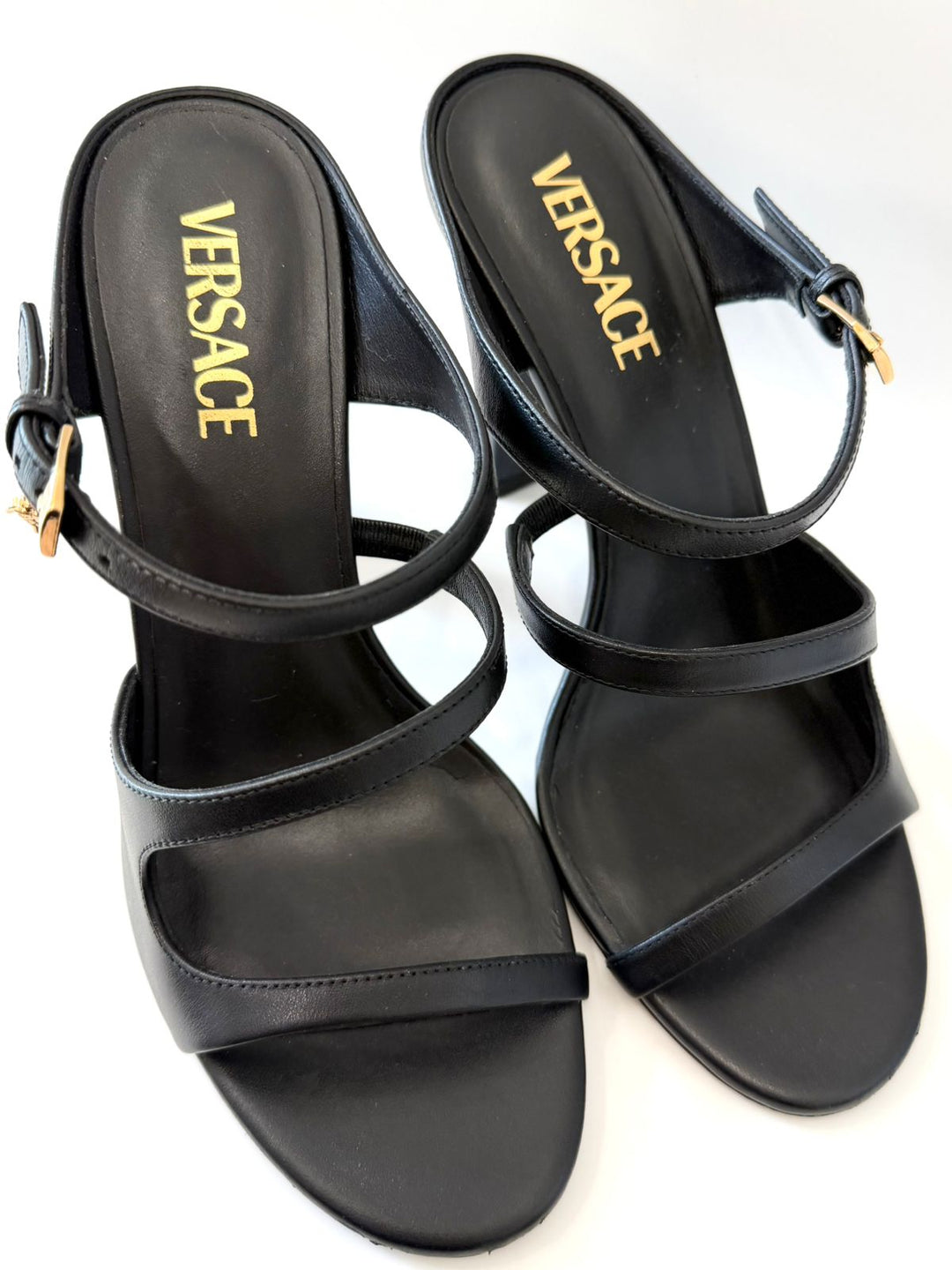 VERSACE LA MEDUSA CALFSKIN LEATHER HEELED SANDALS