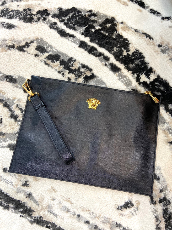 VERSACE LA MEDUSA GRAINED CALFSKIN LEATHER CLUTCH WRISTLET