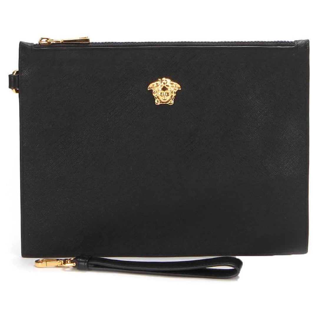 VERSACE LA MEDUSA GRAINED CALFSKIN LEATHER CLUTCH WRISTLET