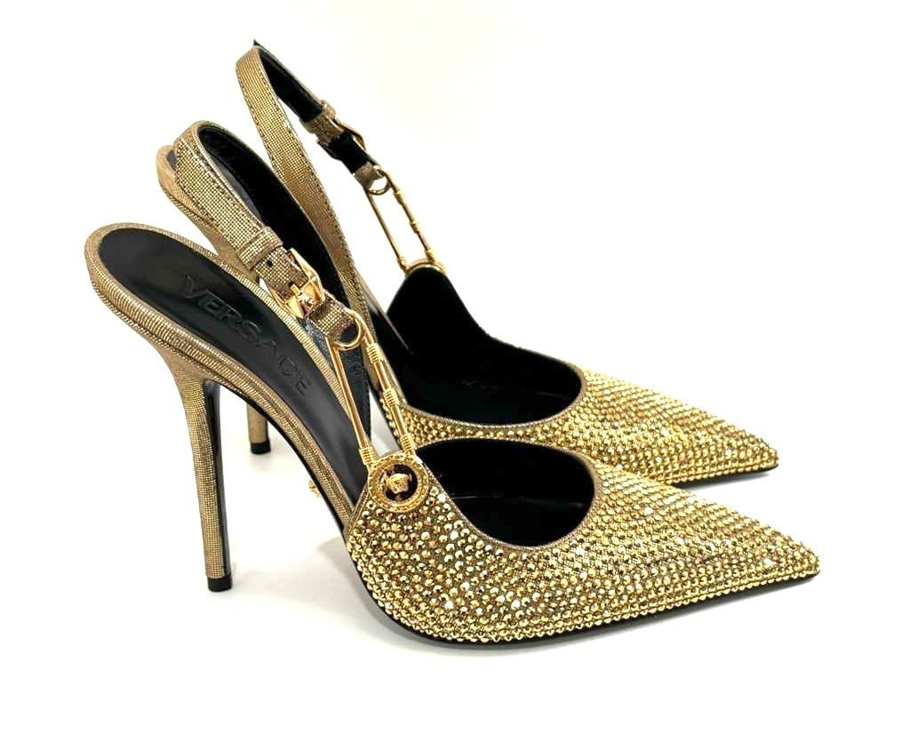 VERSACE INSIGNIA CRYSTAL EMBELLISHED LEATHER SAFETY PIN PUMPS