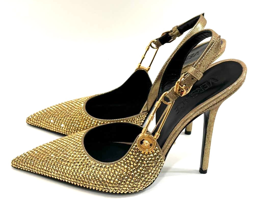 VERSACE INSIGNIA CRYSTAL EMBELLISHED LEATHER SAFETY PIN PUMPS