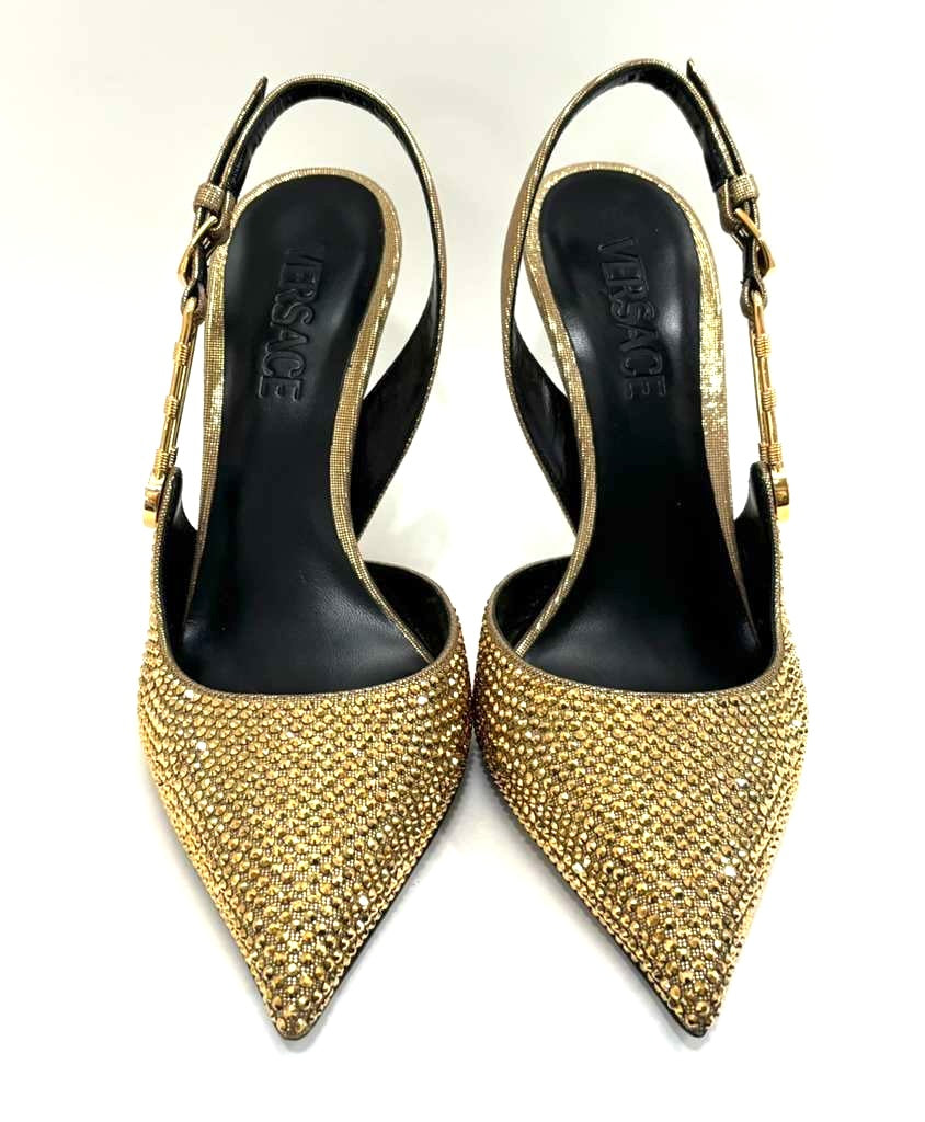 VERSACE INSIGNIA CRYSTAL EMBELLISHED LEATHER SAFETY PIN PUMPS