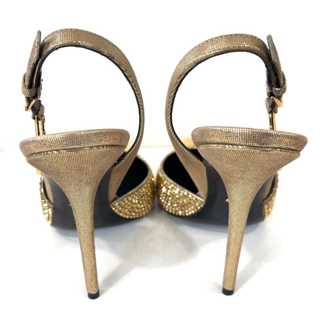 VERSACE INSIGNIA CRYSTAL EMBELLISHED LEATHER SAFETY PIN PUMPS