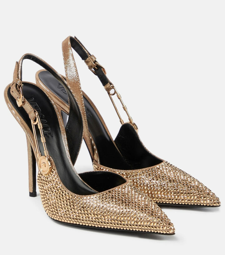 VERSACE INSIGNIA CRYSTAL EMBELLISHED LEATHER SAFETY PIN PUMPS