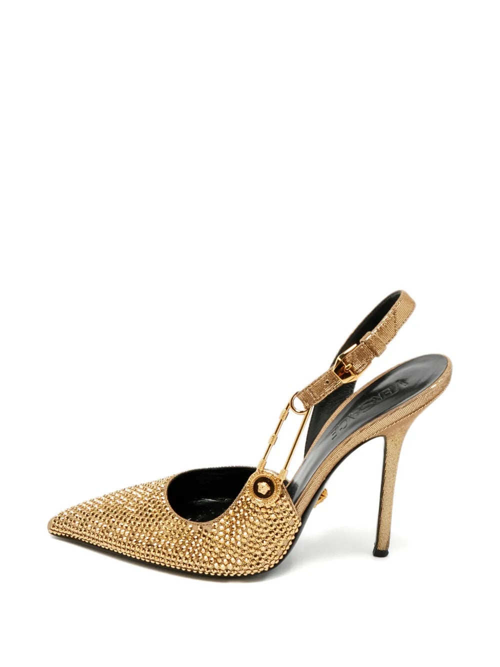 VERSACE INSIGNIA CRYSTAL EMBELLISHED LEATHER SAFETY PIN PUMPS