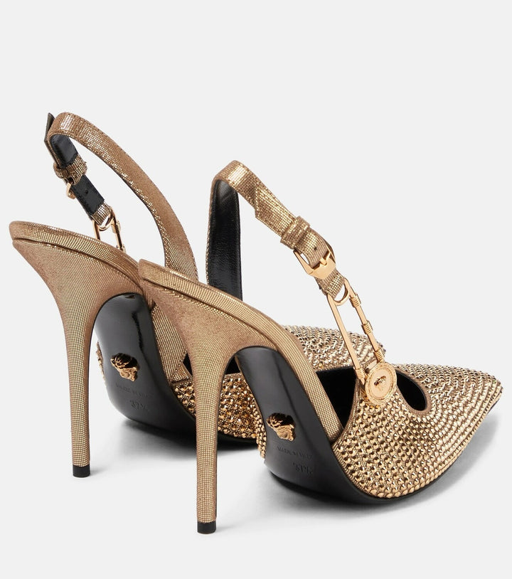 VERSACE INSIGNIA CRYSTAL EMBELLISHED LEATHER SAFETY PIN PUMPS
