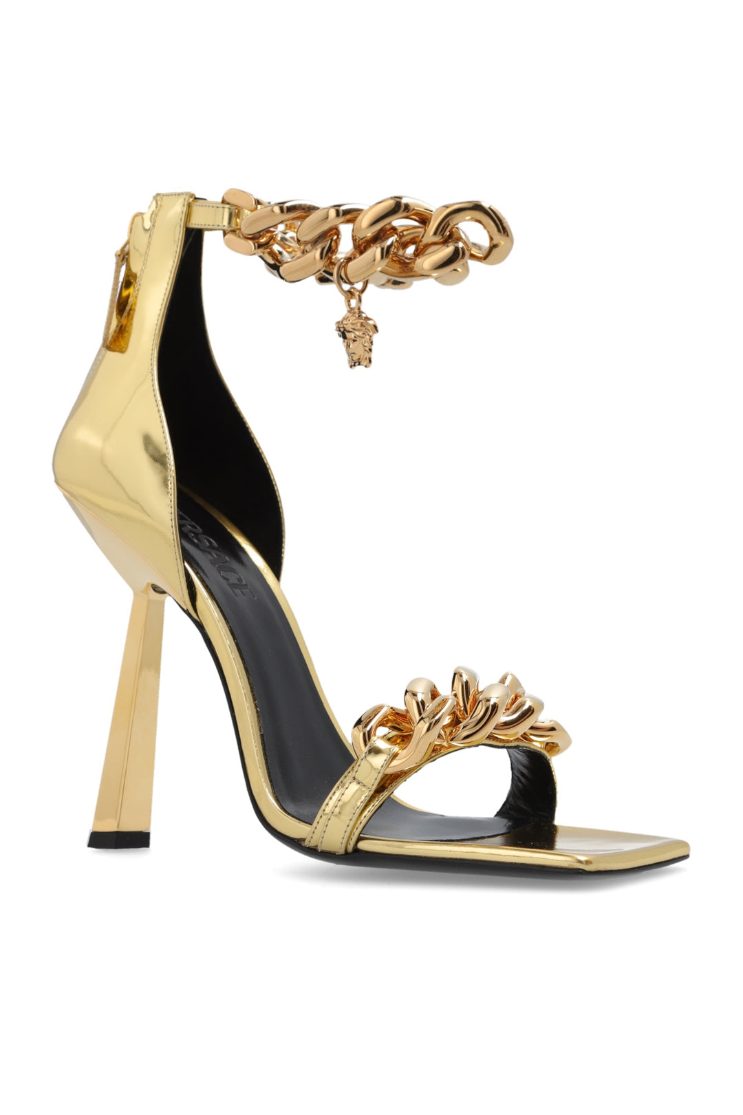 VERSACE METALLIC CHAIN MEDUSA CHARM SANDALS – Caroline's Fashion