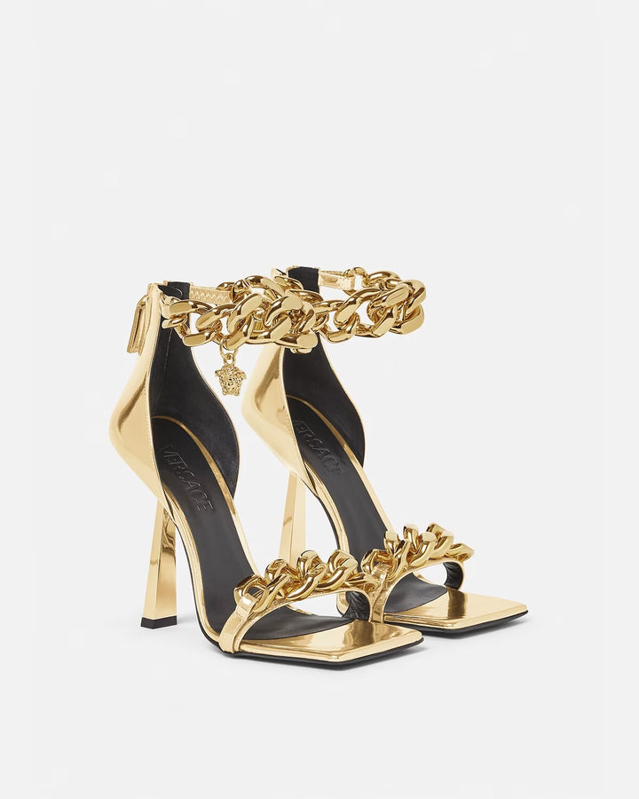 VERSACE METALLIC CHAIN MEDUSA CHARM SANDALS