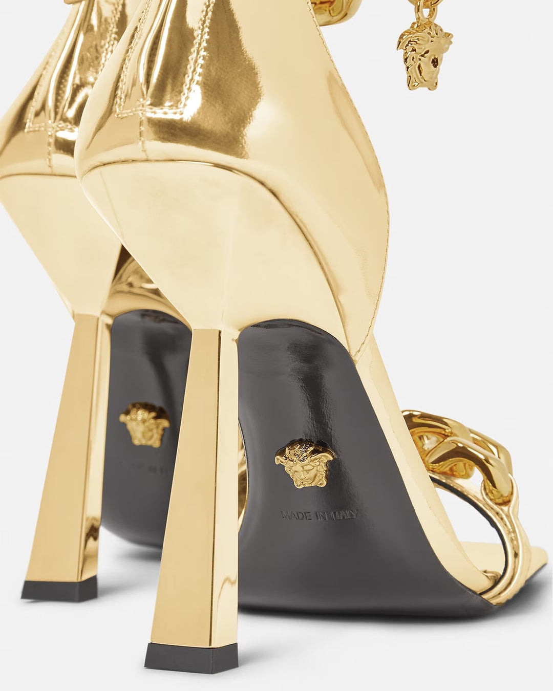 VERSACE METALLIC CHAIN MEDUSA CHARM SANDALS