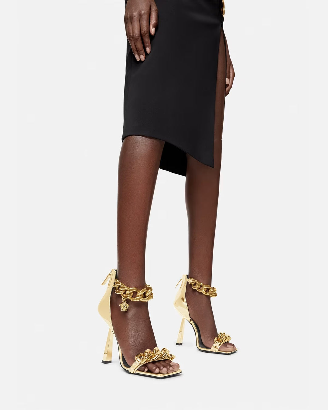 VERSACE METALLIC CHAIN MEDUSA CHARM SANDALS