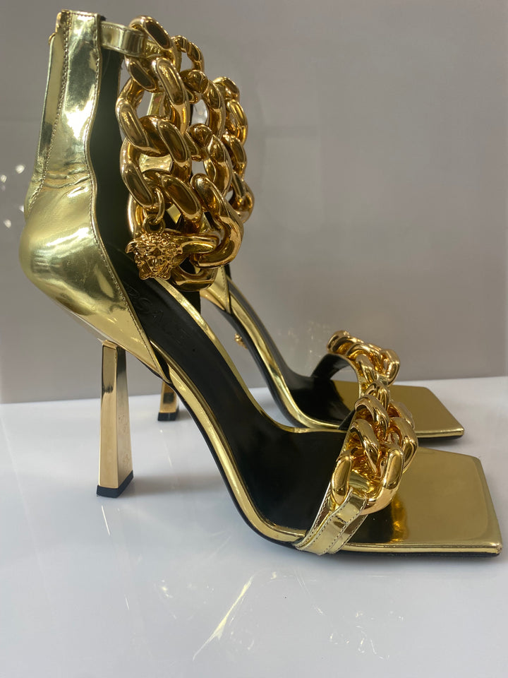 VERSACE METALLIC CHAIN MEDUSA CHARM SANDALS