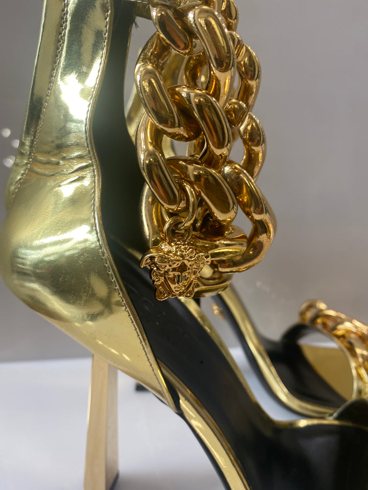 VERSACE METALLIC CHAIN MEDUSA CHARM SANDALS