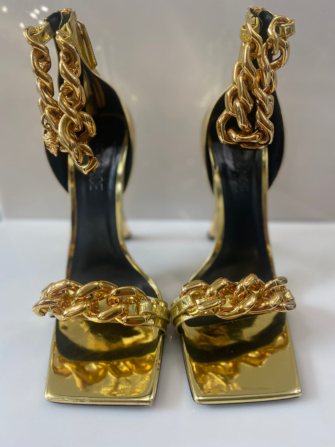 VERSACE METALLIC CHAIN MEDUSA CHARM SANDALS