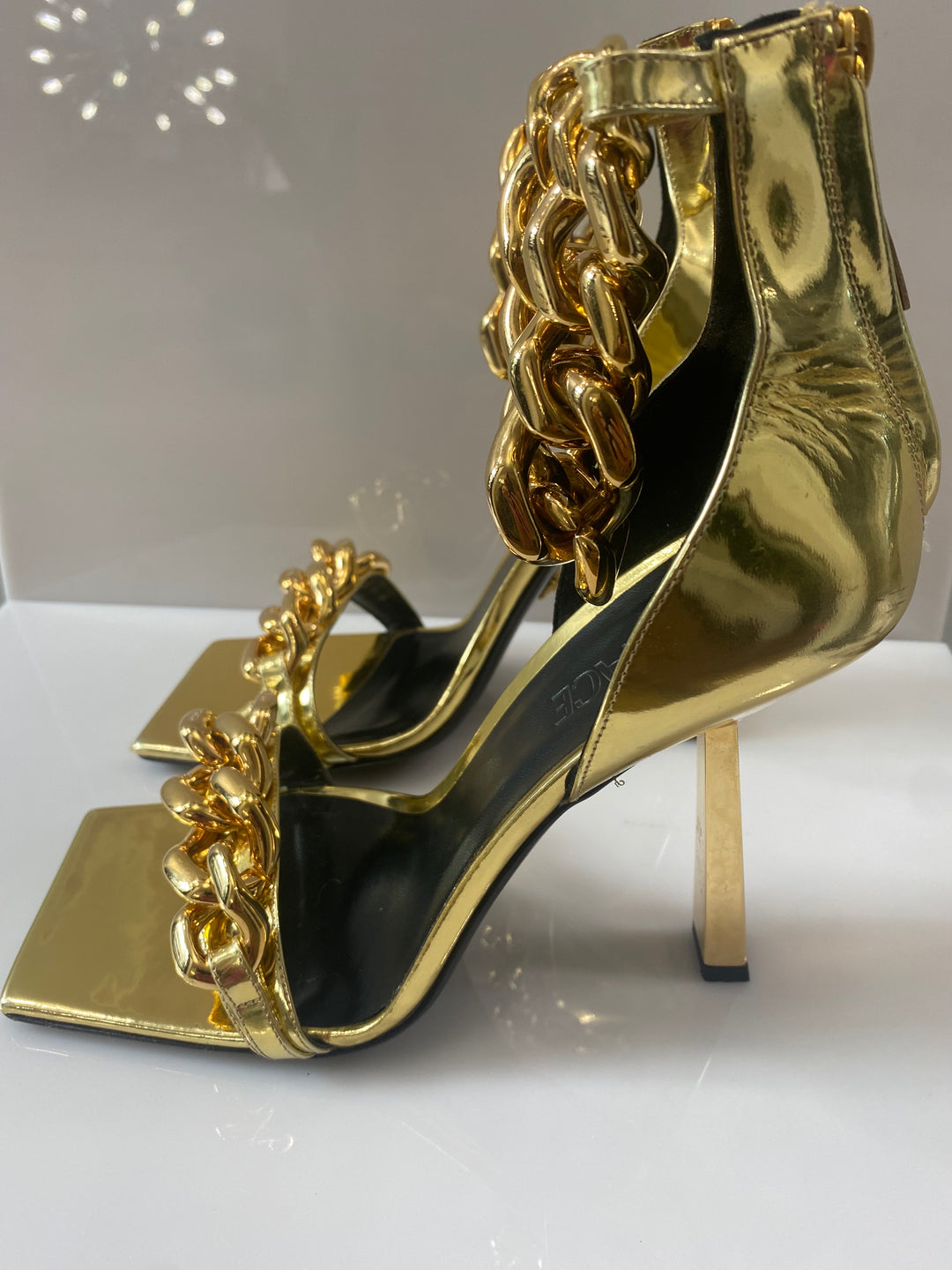 VERSACE METALLIC CHAIN MEDUSA CHARM SANDALS