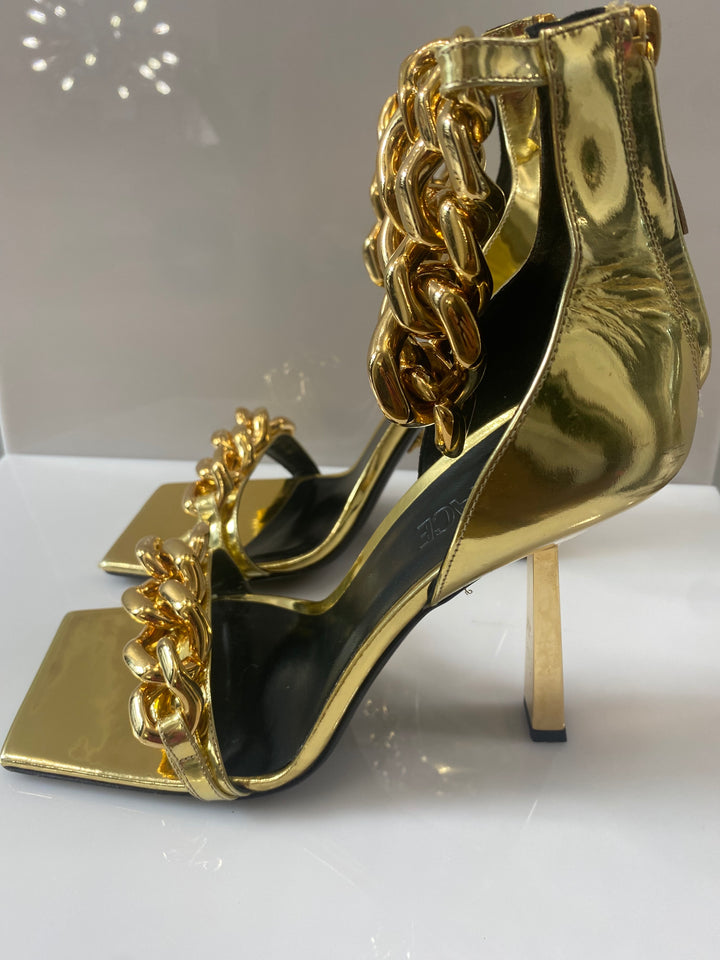 VERSACE METALLIC CHAIN MEDUSA CHARM SANDALS