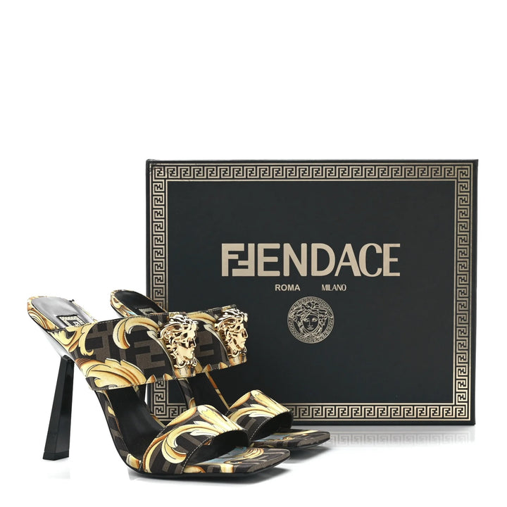FENDI X VERSACE SILK FENDACE BAROQUE LA MEDUSA MULES
