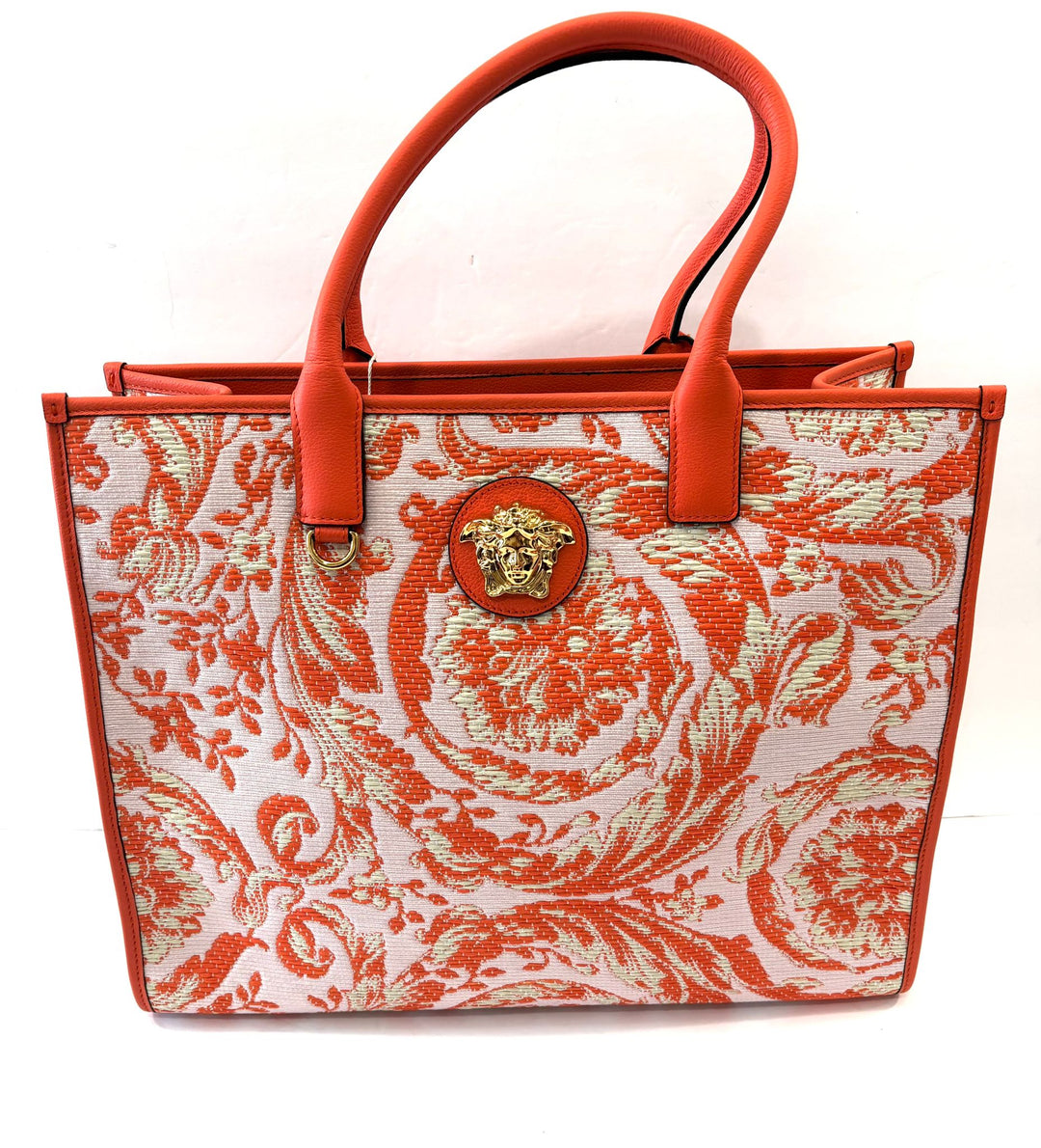 VERSACE BAROCCO RAFIA &amp; LEATHER GOLD MEDUSA LARGE TOTE