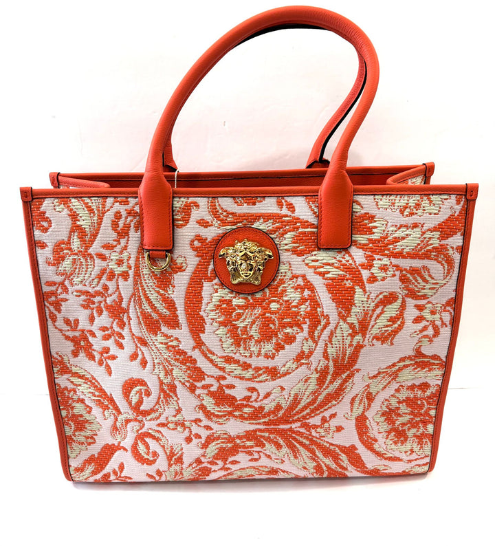 VERSACE BAROCCO RAFIA &amp; LEATHER GOLD MEDUSA LARGE TOTE