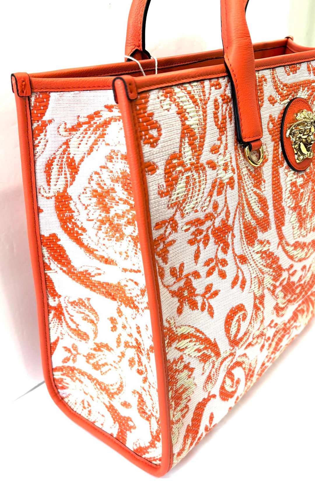 VERSACE BAROCCO RAFIA &amp; LEATHER GOLD MEDUSA LARGE TOTE