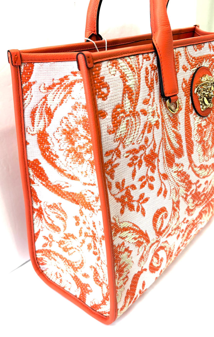 VERSACE BAROCCO RAFIA &amp; LEATHER GOLD MEDUSA LARGE TOTE