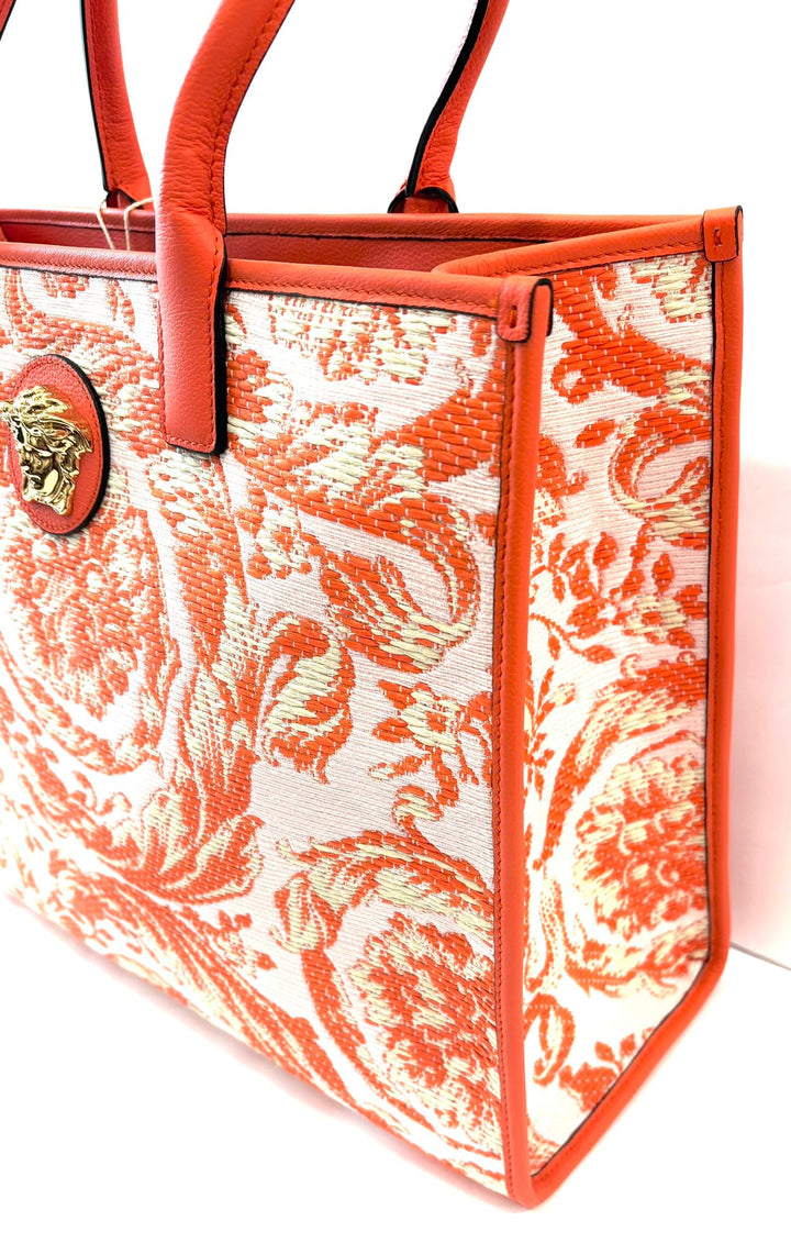VERSACE BAROCCO RAFIA &amp; LEATHER GOLD MEDUSA LARGE TOTE