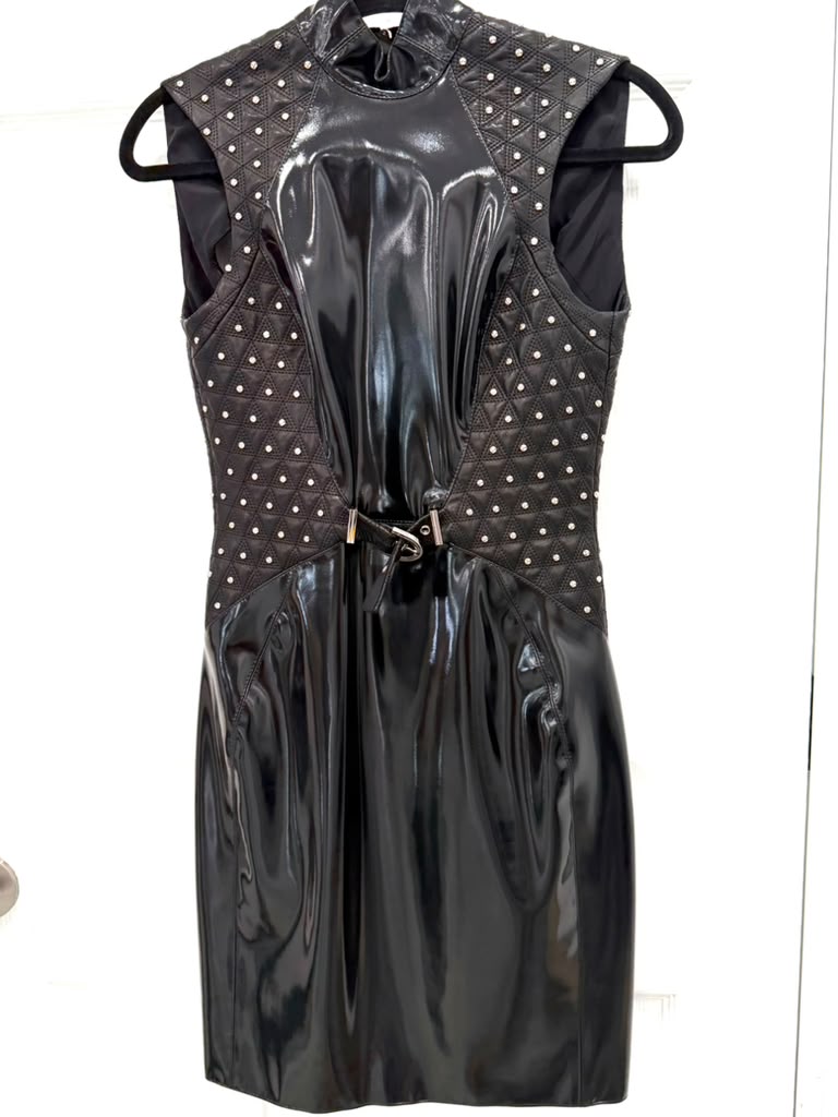 VERSACE BLACK LACQUERED LEATHER SHORT DRESS