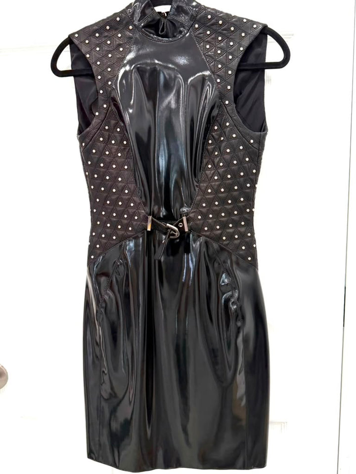 VERSACE BLACK LACQUERED LEATHER SHORT DRESS