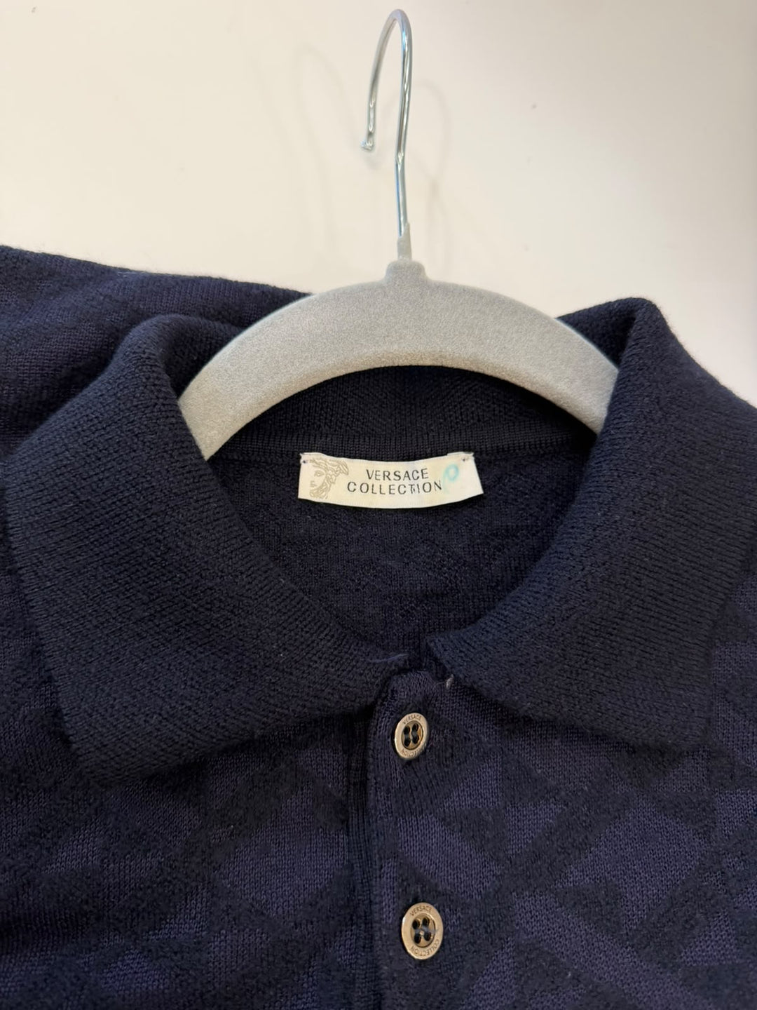 VERSACE COLLECTION NAVY LONG SLEEVE KNIT POLO SWEATER