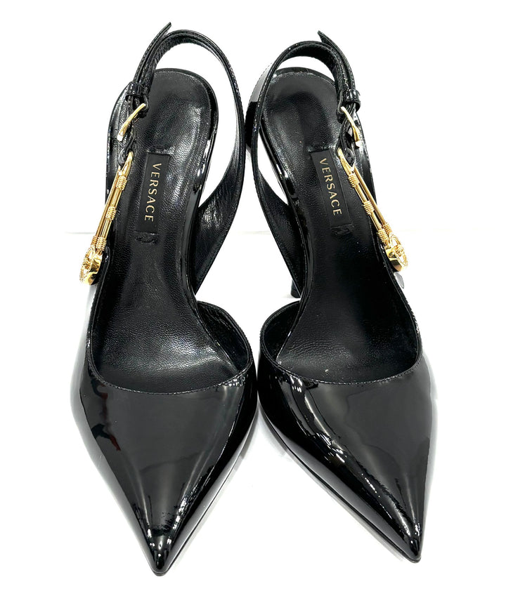VERSACE MEDUSA PATENT LEATHER SAFETY PIN SLINGBACK PUMPS