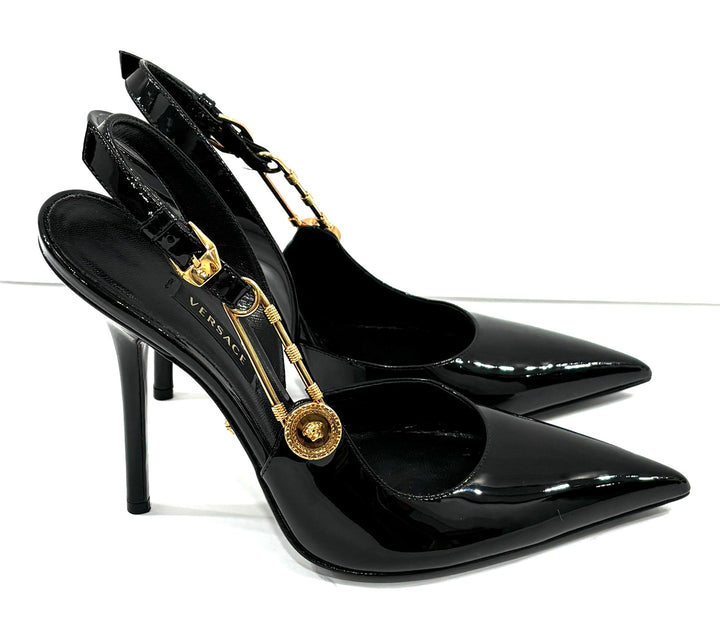 VERSACE MEDUSA PATENT LEATHER SAFETY PIN SLINGBACK PUMPS