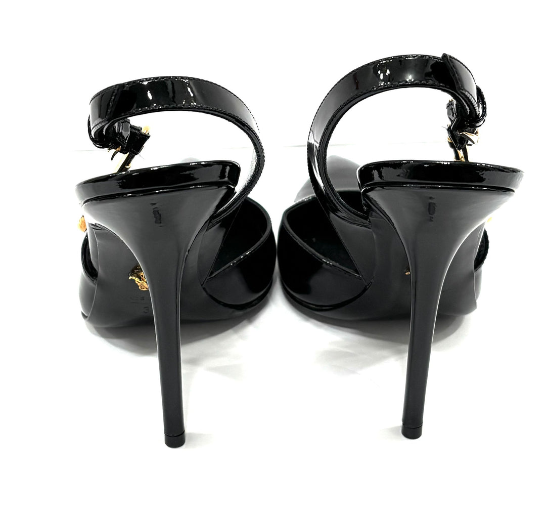 VERSACE MEDUSA PATENT LEATHER SAFETY PIN SLINGBACK PUMPS