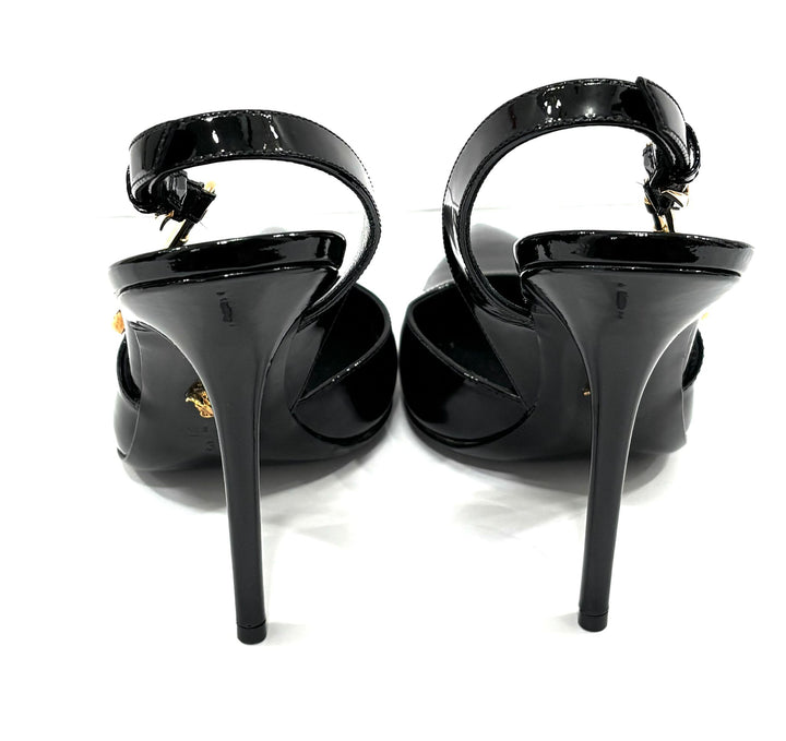 VERSACE MEDUSA PATENT LEATHER SAFETY PIN SLINGBACK PUMPS