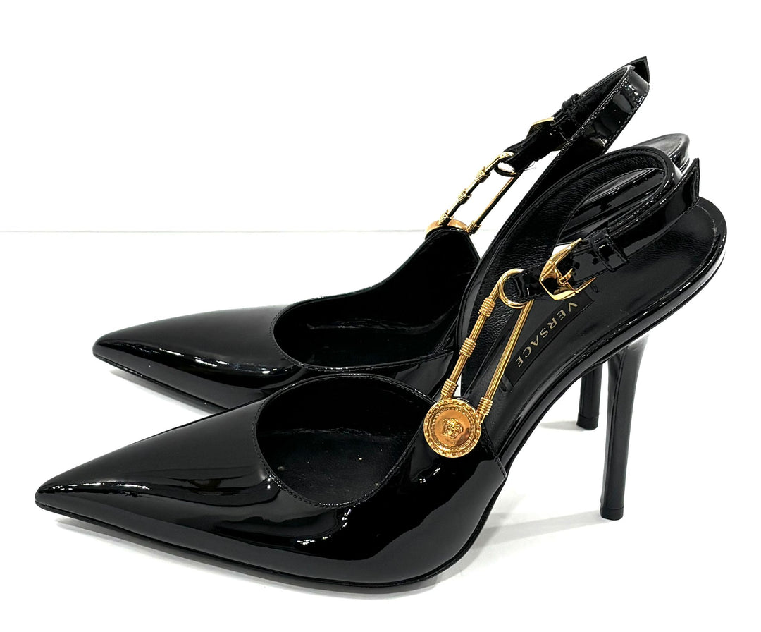 VERSACE MEDUSA PATENT LEATHER SAFETY PIN SLINGBACK PUMPS