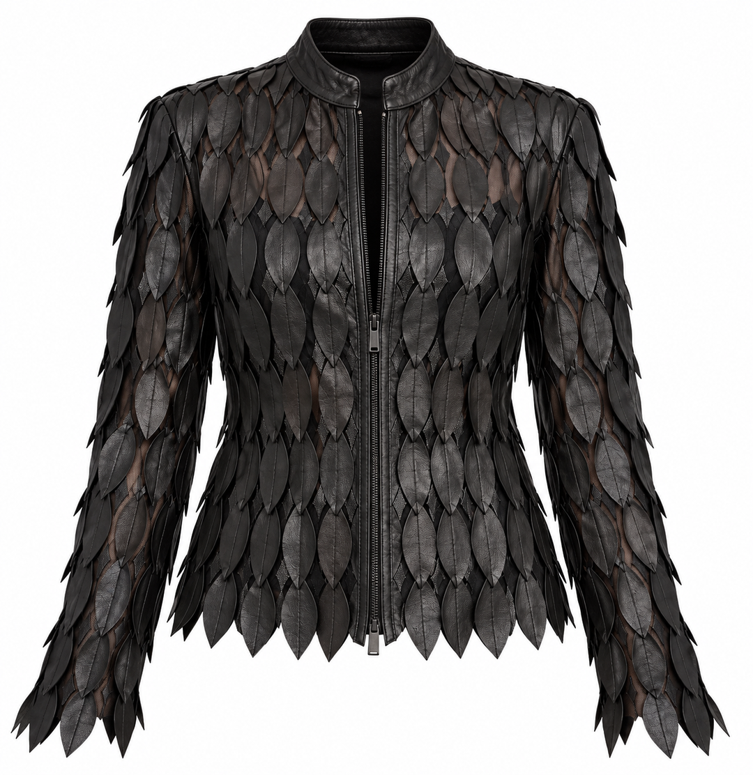 VINTAGE BLACK LEAF APPLIQUE LEATHER JACKET