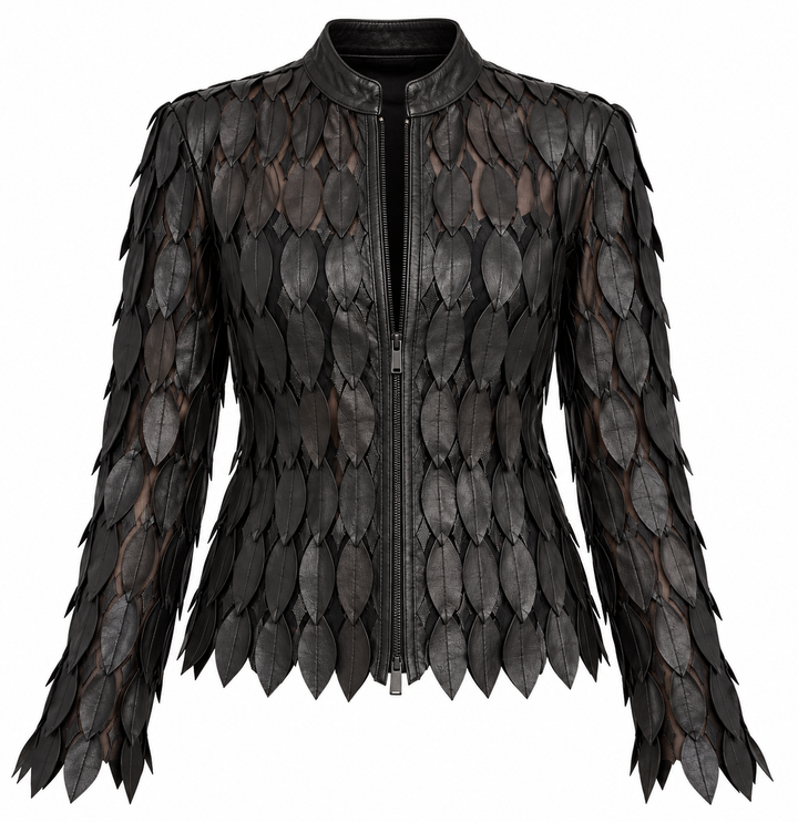 VINTAGE BLACK LEAF APPLIQUE LEATHER JACKET