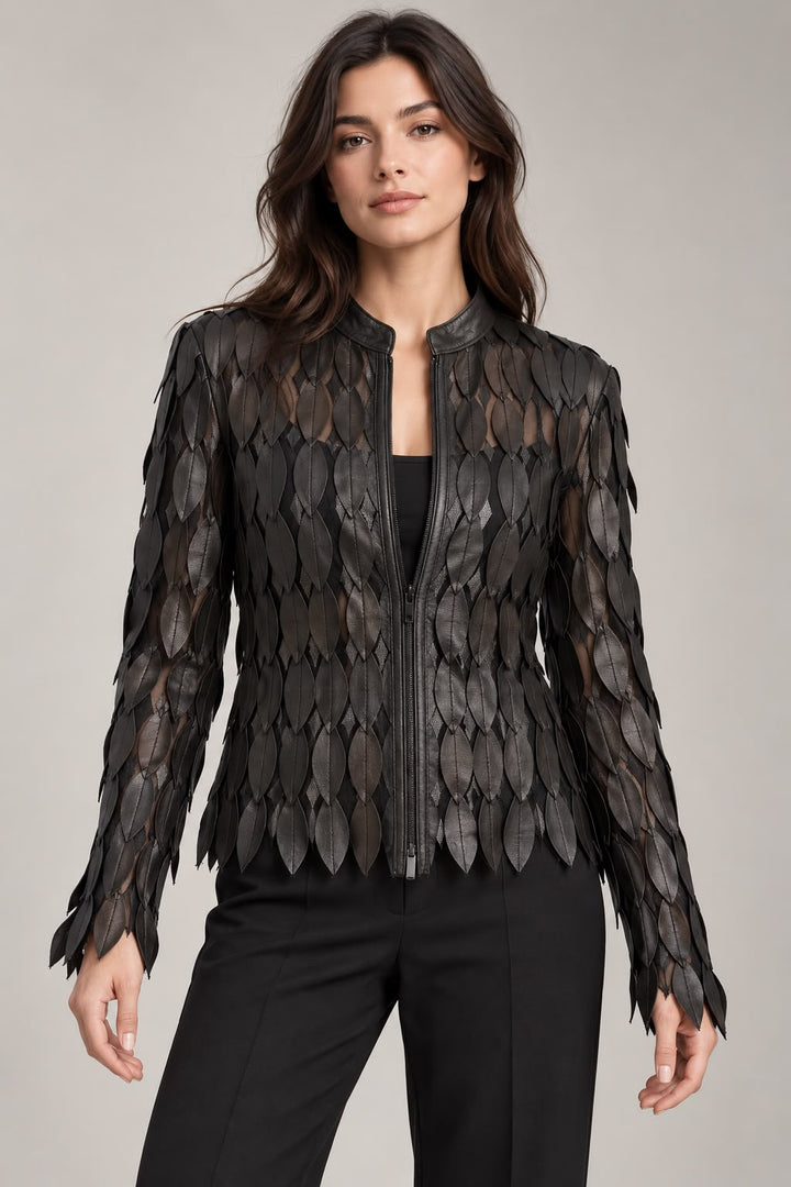 VINTAGE BLACK LEAF APPLIQUE LEATHER JACKET
