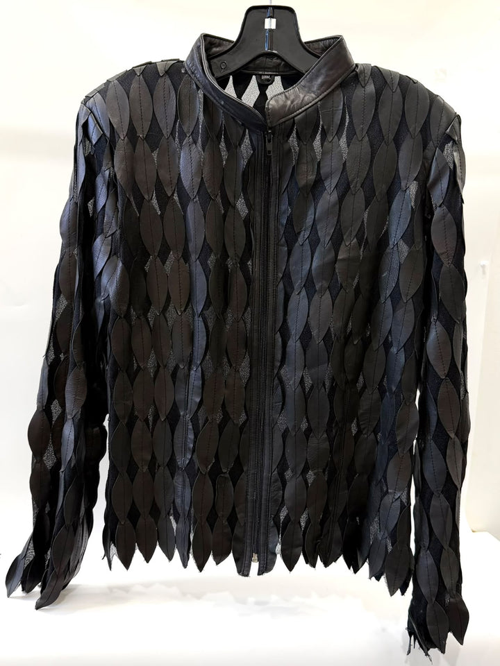 VINTAGE BLACK LEAF APPLIQUE LEATHER JACKET