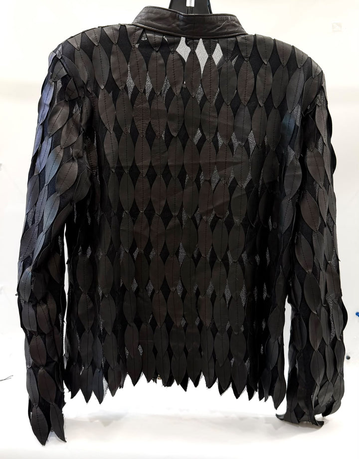 VINTAGE BLACK LEAF APPLIQUE LEATHER JACKET