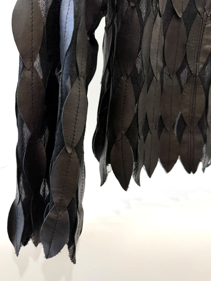 VINTAGE BLACK LEAF APPLIQUE LEATHER JACKET