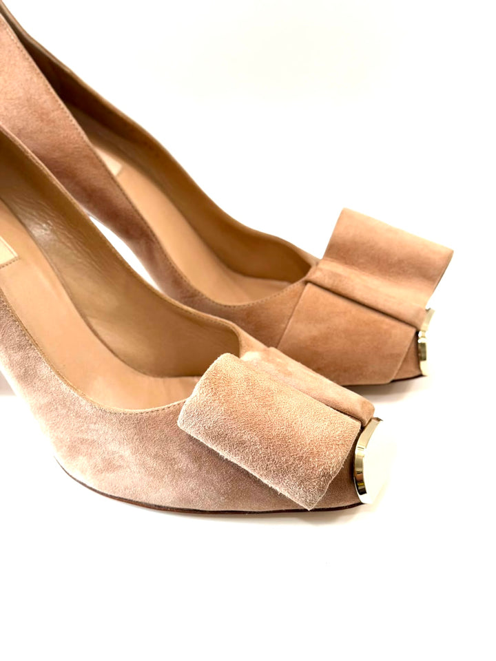 VALENTINO GARAVANI BOW SUEDE PEEP-TOE BLOCK HEEL PUMPS
