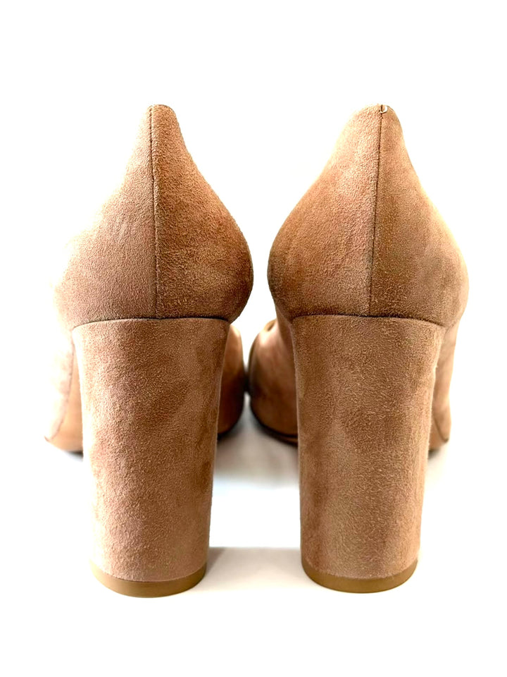 VALENTINO GARAVANI BOW SUEDE PEEP-TOE BLOCK HEEL PUMPS