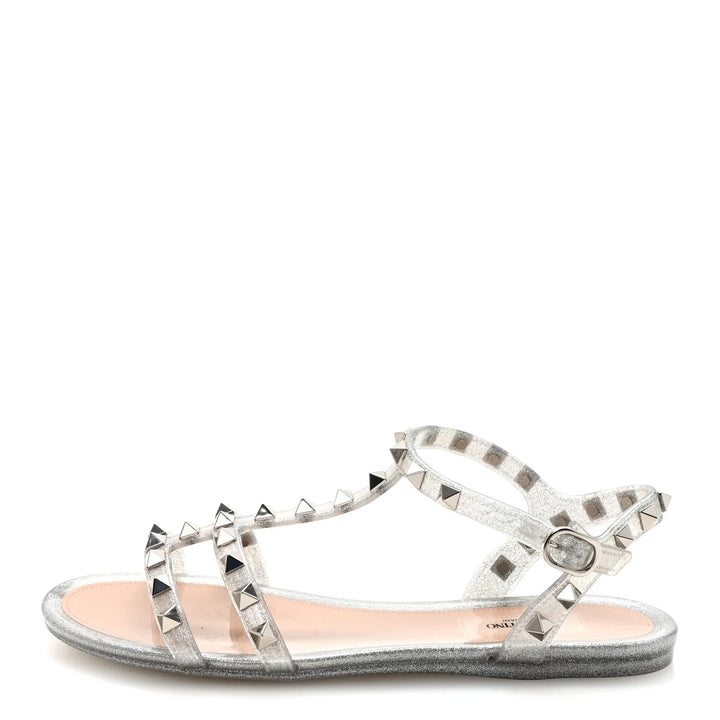VALENTINO PVC JELLY GLITTER ROCKSTOD CAGED FLAT SANDALS
