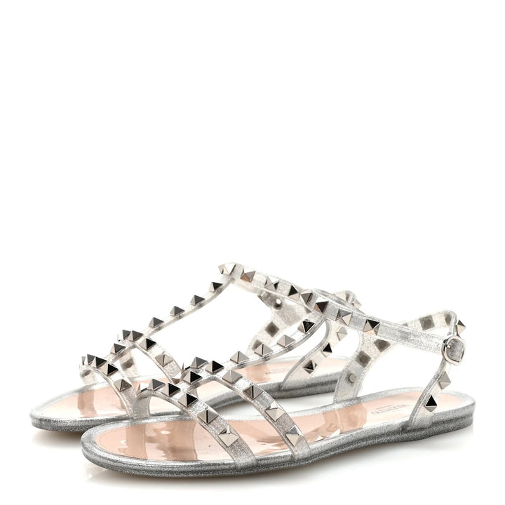 VALENTINO PVC JELLY GLITTER ROCKSTOD CAGED FLAT SANDALS